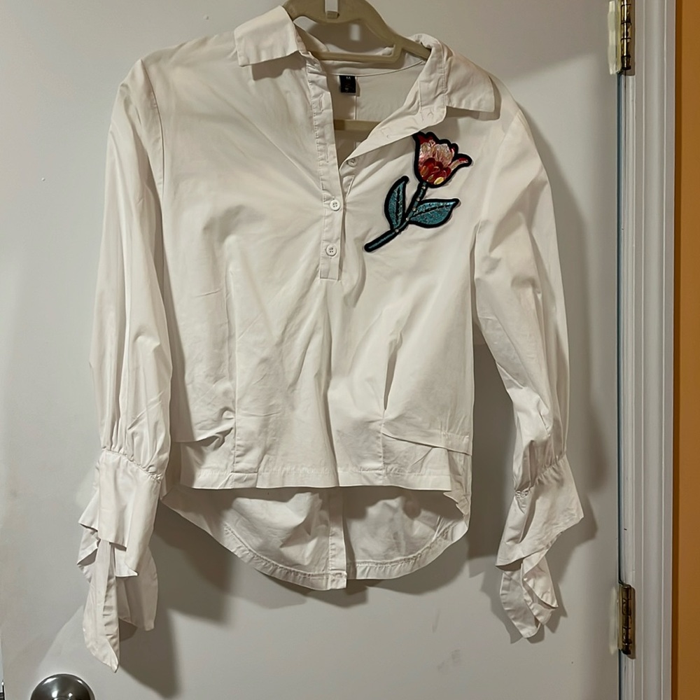 White Short Sleeve Button Down Blouse Size M by Nancy